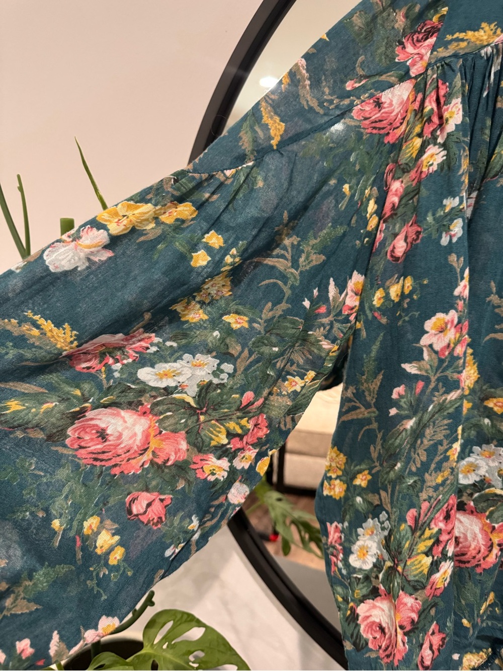 Ralph Lauren Teal 100% Cotton Floral Peasant Blouse with Pink & Yellow Blooms - Picture 2 of 5